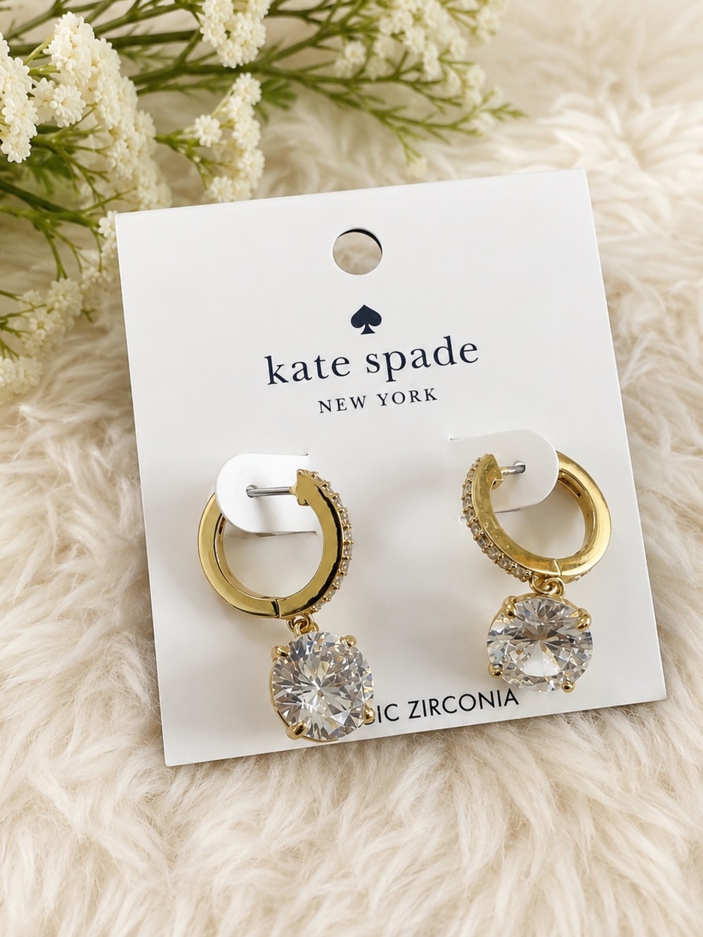 kate spade gold hoop earrings with clear round crystals